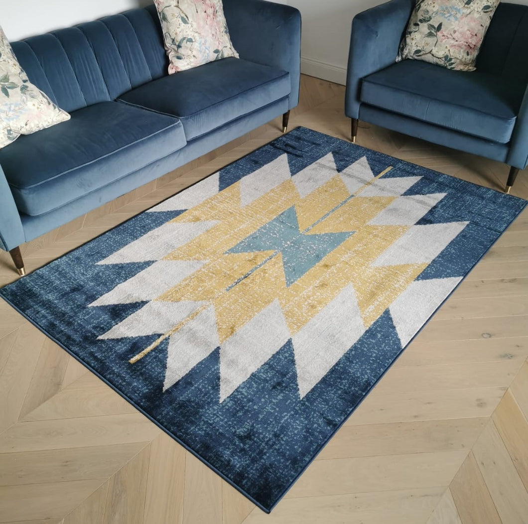 Navy Blue and Ochre Tribal Living Room Rug - Bergen