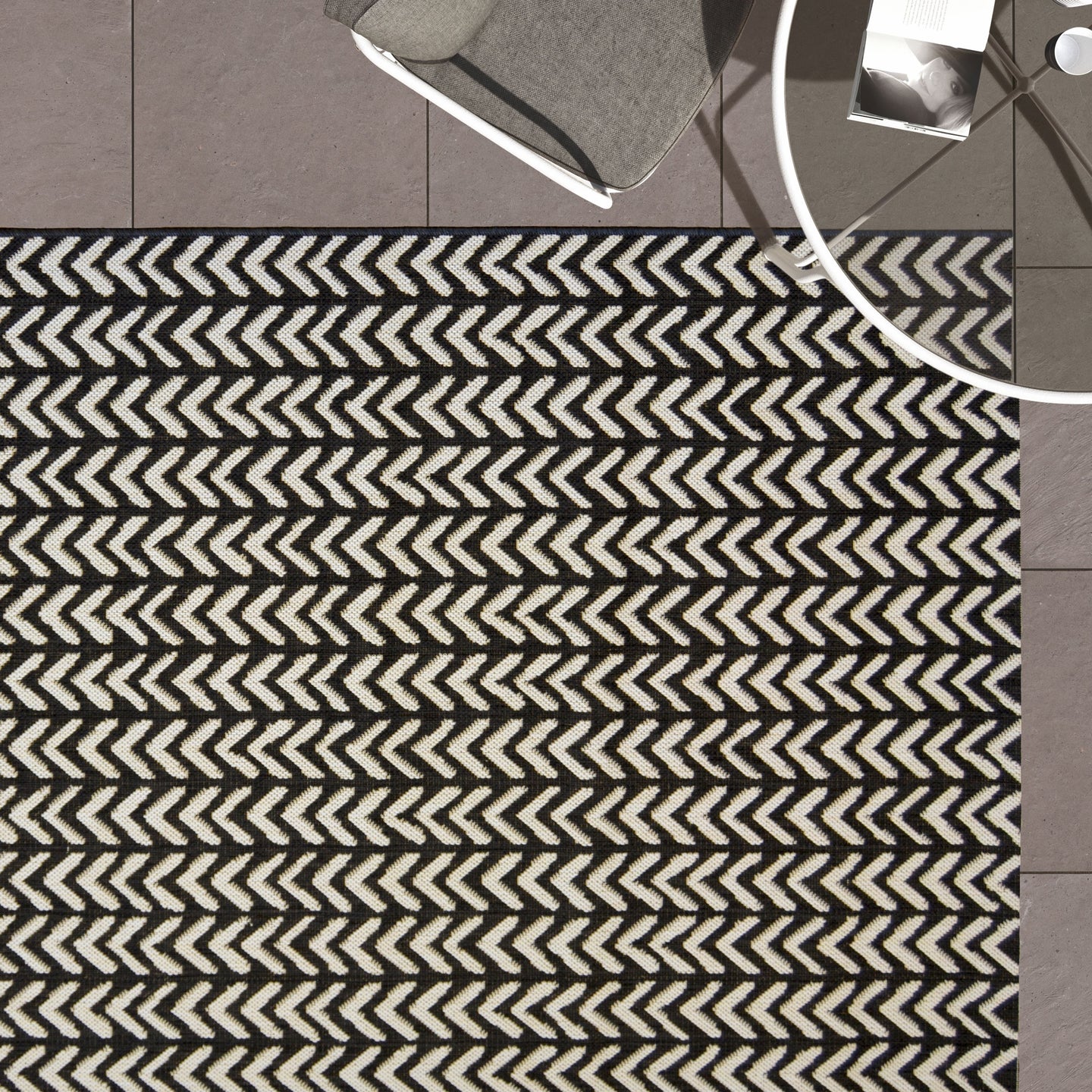 Black Geometric Washable Outdoor Garden Rug - Ota