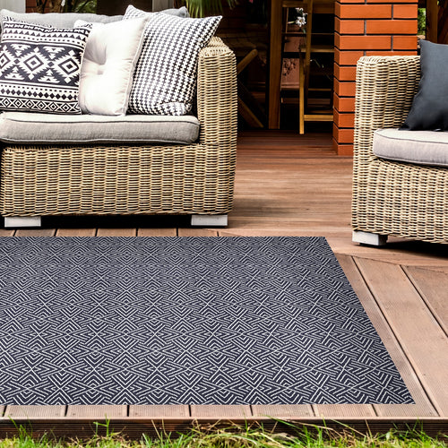 Navy Aztec Washable Outdoor Garden Rug - Ota