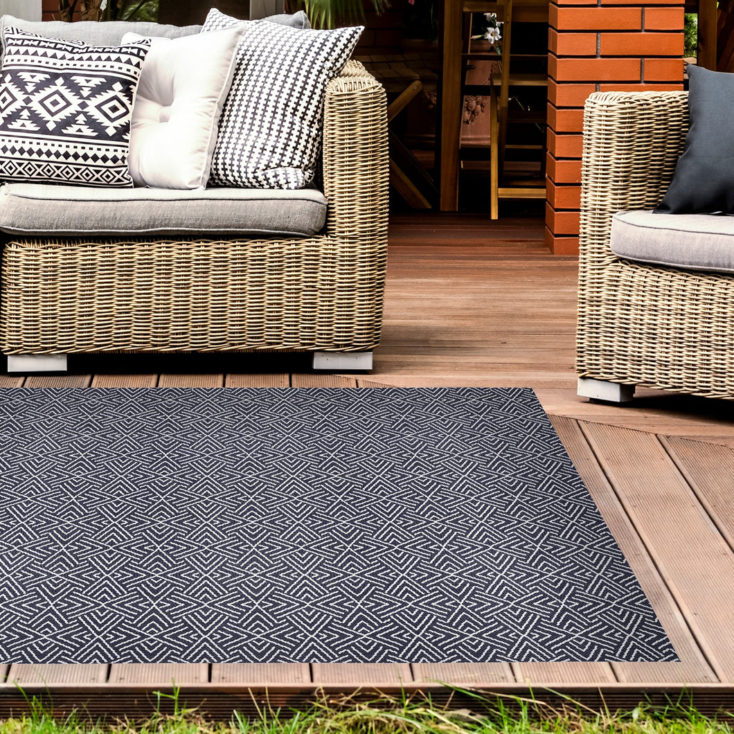 Navy Aztec Washable Outdoor Garden Rug - Ota