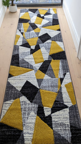 Long Ochre Yellow Abstract Runner Rug - Boston