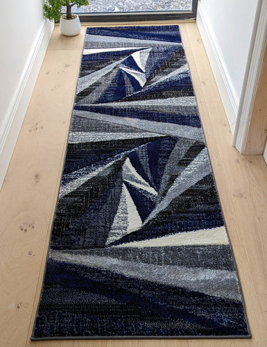 Long Navy Blue Splinter Hall Runner Rug - Boston