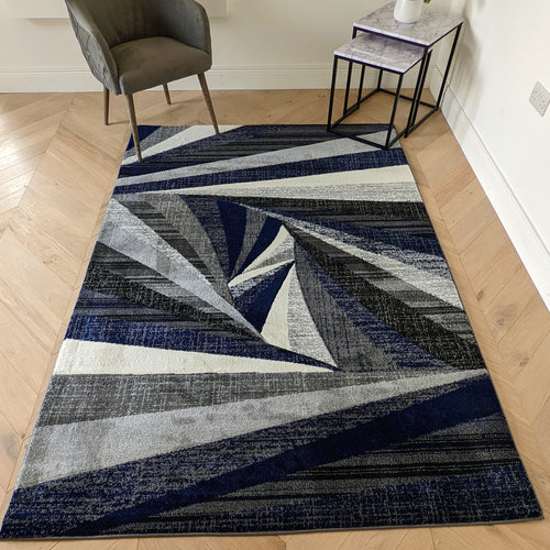 Navy Blue Splinter Geometric Living Room Rug - Boston