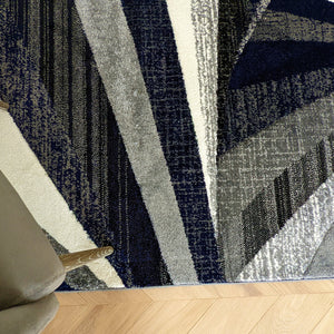 Navy Blue Splinter Geometric Living Room Rug - Boston