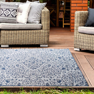 Blue and White Reversible Floral Outdoor Rug - Capri