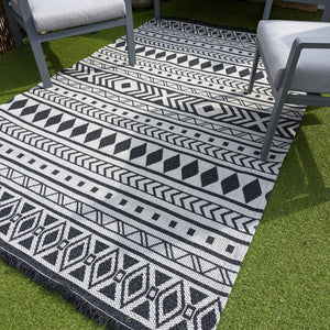 Dark Grey Fringed Scandi Flatweave Outdoor Rug - Casa