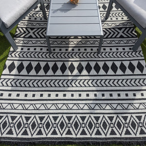Dark Grey Fringed Scandi Flatweave Outdoor Rug - Casa