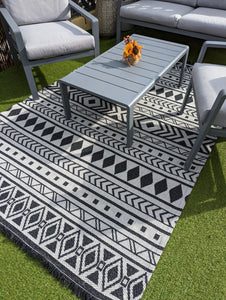 Dark Grey Fringed Scandi Flatweave Outdoor Rug - Casa