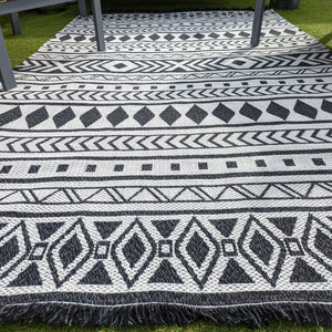 Dark Grey Fringed Scandi Flatweave Outdoor Rug - Casa