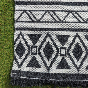 Dark Grey Fringed Scandi Flatweave Outdoor Rug - Casa