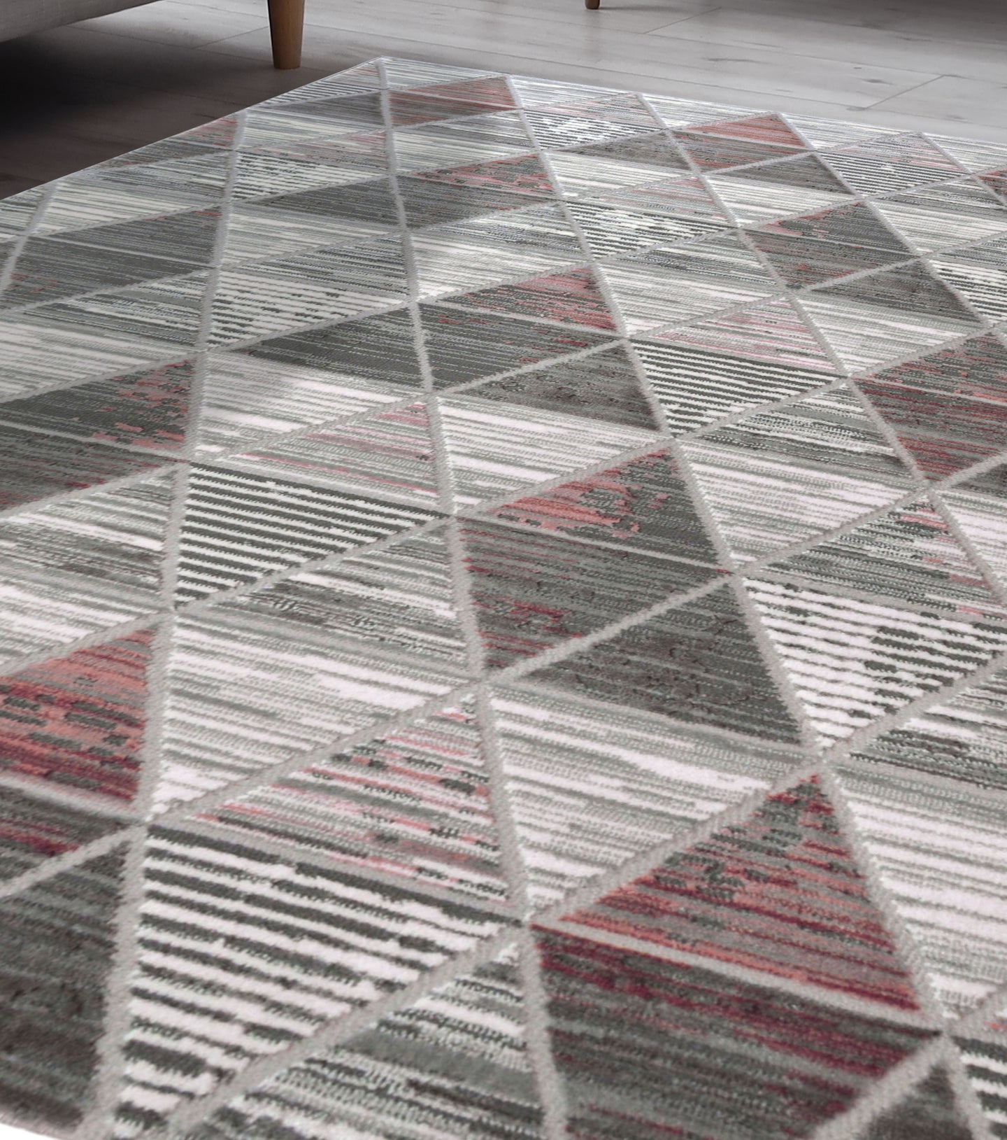 Pink and Grey Carved High Shine Living Room Rug - Holm