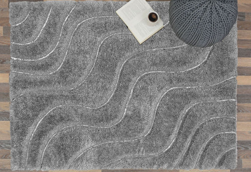 Grey Carved Striped Washable Shaggy Rug - Kasta