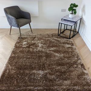 Latte Shimmering Polyester Shaggy Rug - Heavy Deco