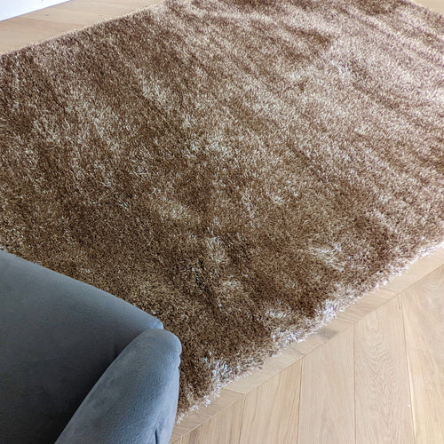 Latte Shimmering Polyester Shaggy Rug - Heavy Deco