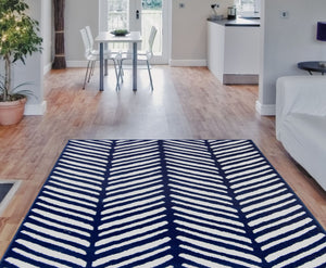 Navy Herringbone Living Room Rug - Islay