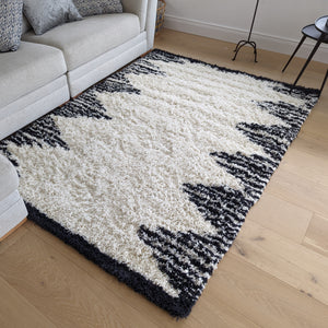 Ivory and Black Tribal Berber Shaggy Rugs - Nivalli