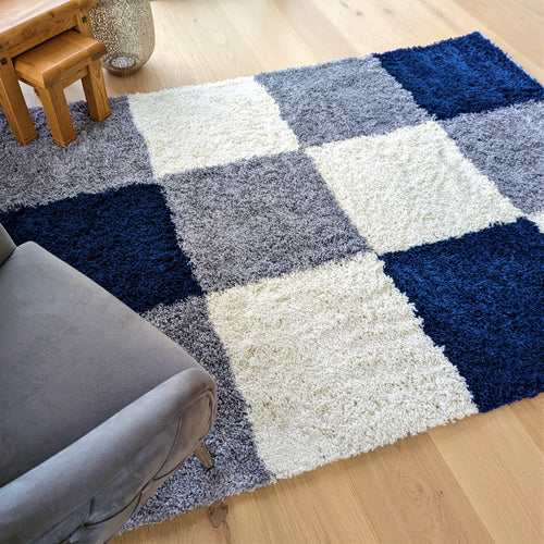 Navy Blue Patchwork Shaggy Rug - Oslo
