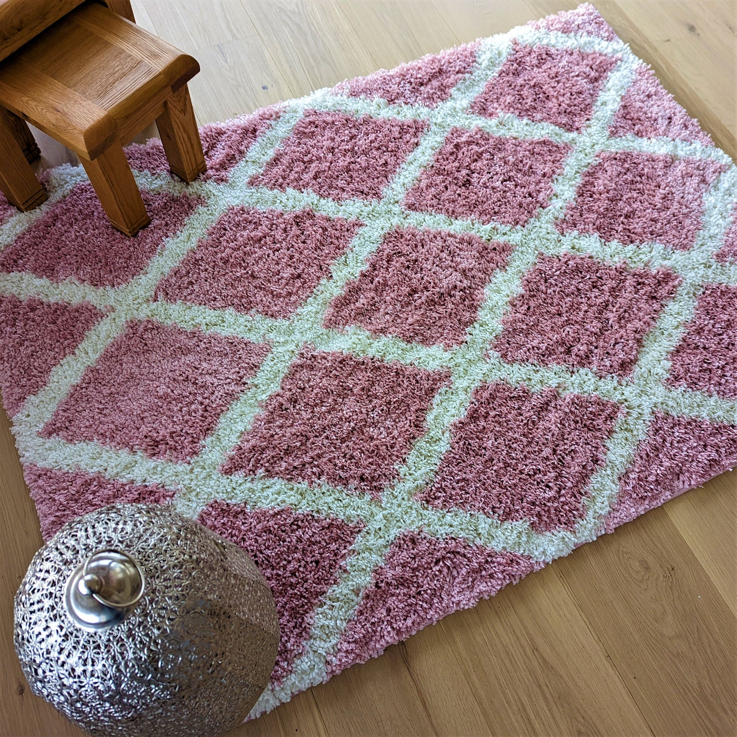 Blush Pink Moroccan Trellis Shaggy Rug - Oslo