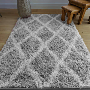 Grey Moroccan Trellis Shaggy Rug - Oslo