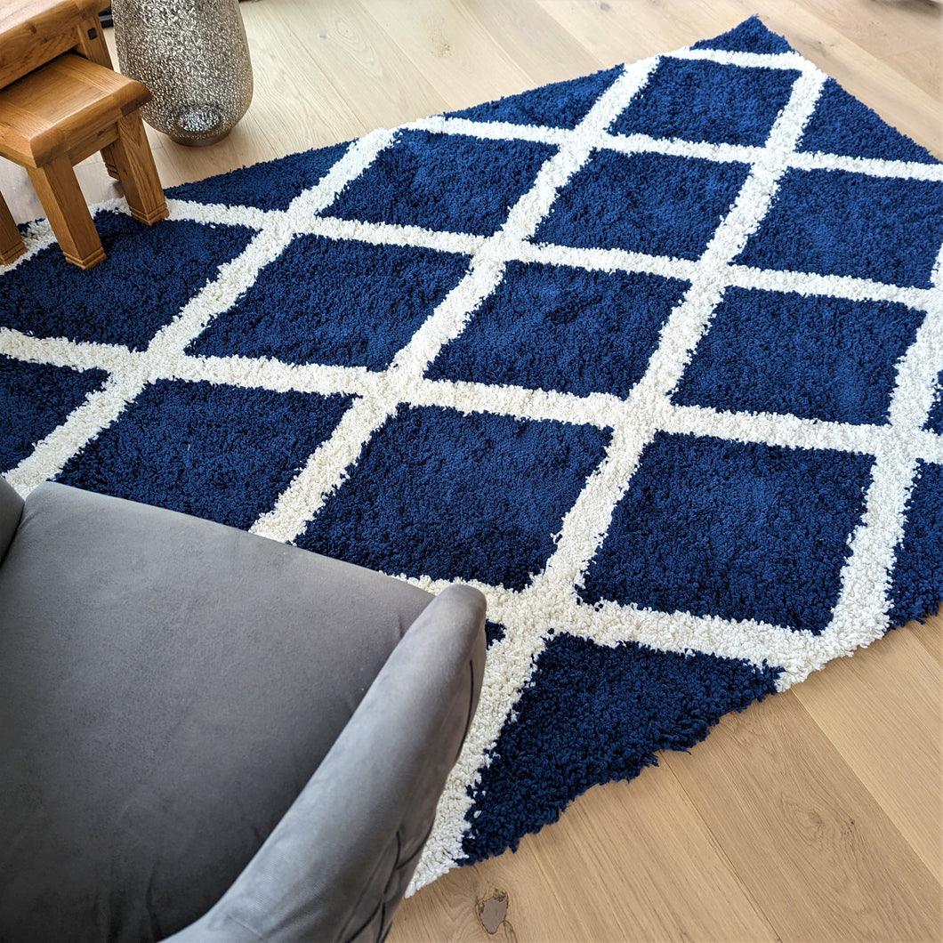 Navy Moroccan Trellis Shaggy Rug - Oslo