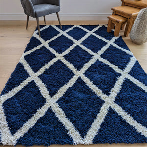 Navy Moroccan Trellis Shaggy Rug - Oslo