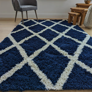 Navy Moroccan Trellis Shaggy Rug - Oslo