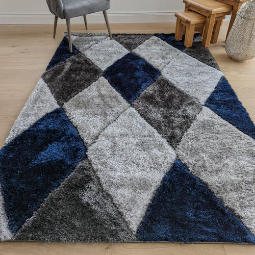 Navy Blue Geometric Shaggy Rugs - Verge