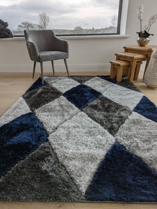 Navy Blue Geometric Shaggy Rugs - Verge