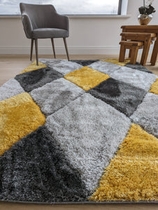 Mustard Yellow Carved Geometric Polyester Shaggy Rugs - Verge