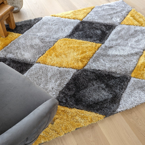 Mustard Yellow Carved Geometric Polyester Shaggy Rugs - Verge