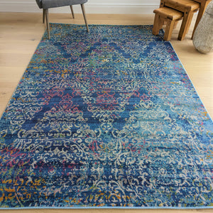 Navy Blue Damask Living Room Rug - Capella