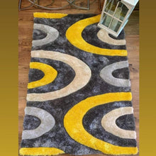 Load image into Gallery viewer, Pebbles, Swirl, Ochre, Yellow, Shaggy, black, cream, rug, rugs