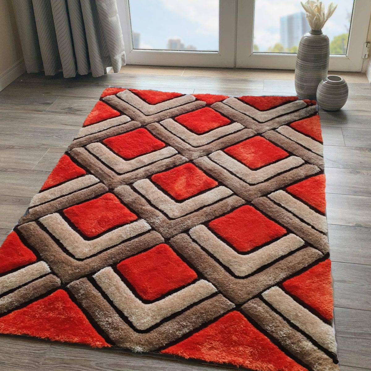 Pebbles Diamond Choco Rust Shaggy Rug