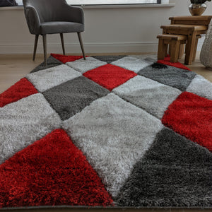 Red Non Shed Geometric Shaggy Rugs - Verge