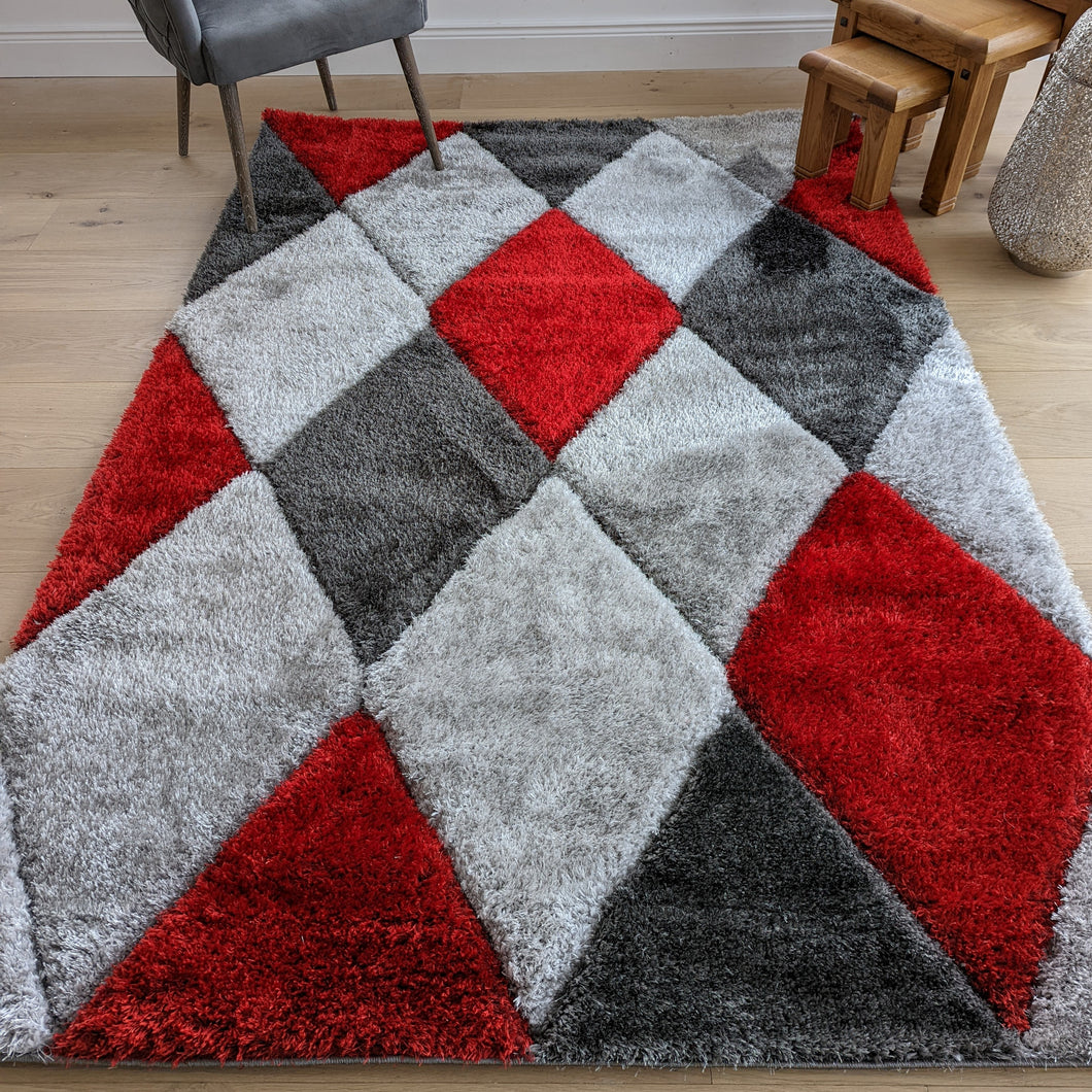 Red Non Shed Geometric Shaggy Rugs - Verge