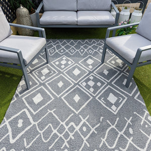 Grey Aztec Fringed Flatweave Outdoor Rug - Casa