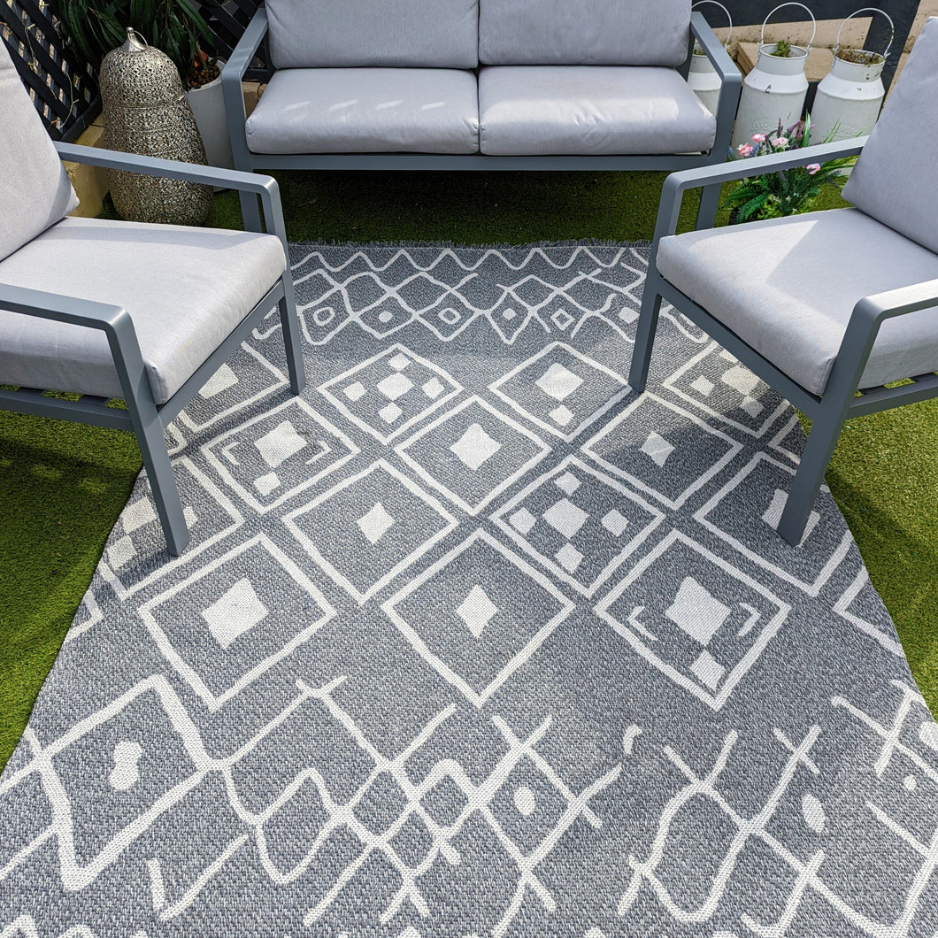 Grey Aztec Fringed Flatweave Outdoor Rug - Casa