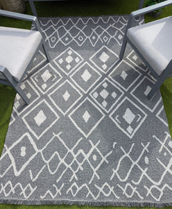 Grey Aztec Fringed Flatweave Outdoor Rug - Casa