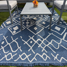 Load image into Gallery viewer, Navy Fringed Flatweave Outdoor Garden Rug - Casa
