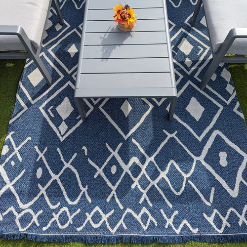 Navy Fringed Flatweave Outdoor Garden Rug - Casa