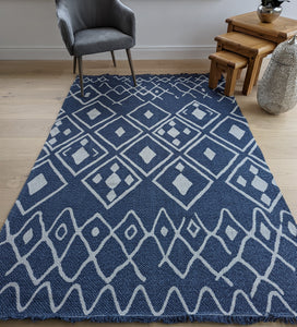 Navy Fringed Flatweave Outdoor Garden Rug - Casa