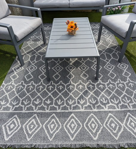 Grey Fringed Trellis Flatweave Outdoor Rug - Casa