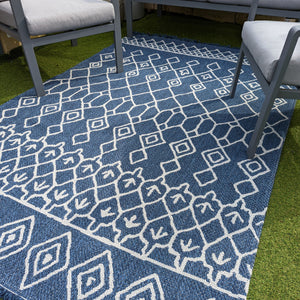 Navy Fringed Trellis Flatweave Outdoor Rug - Casa