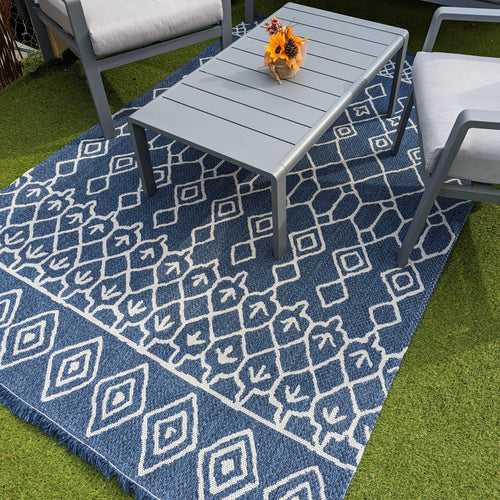 Navy Fringed Trellis Flatweave Outdoor Rug - Casa