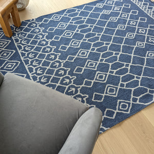 Navy Fringed Trellis Flatweave Outdoor Rug - Casa