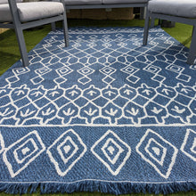 Load image into Gallery viewer, Navy Fringed Trellis Flatweave Outdoor Rug - Casa