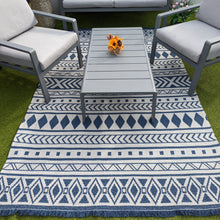 Load image into Gallery viewer, Scandi Navy Fringed Flatweave Outdoor Rug - Casa