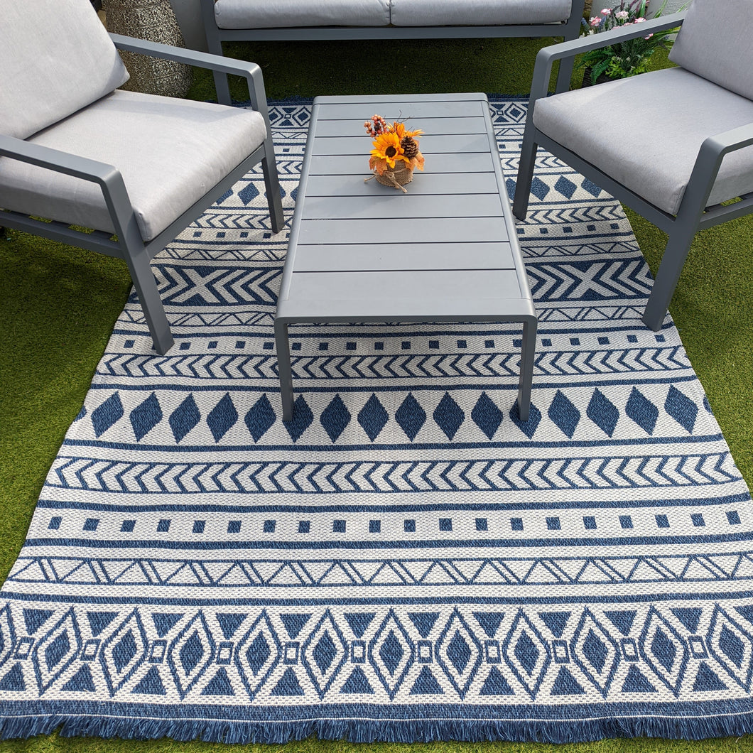 Scandi Navy Fringed Flatweave Outdoor Rug - Casa