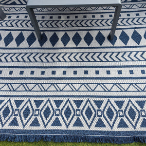 Scandi Navy Fringed Flatweave Outdoor Rug - Casa