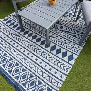 Scandi Navy Fringed Flatweave Outdoor Rug - Casa